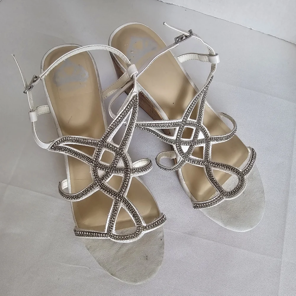 Fergalicious White Strappy Cork Wedge Summer Sandals Rhinestone Size 9.5